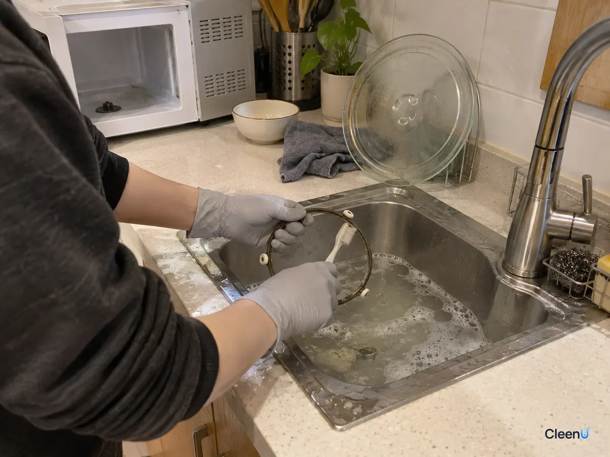 At the sink, light grey nitrile-gloved hand scrubbing the microwave roller ring with an old toothbrush, a little grease floating in the water, the washed turntable propped nearby