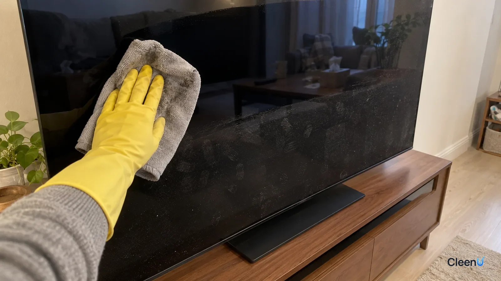 First-person: a yellow rubber-gloved hand sweeps a microfiber cloth one way across a switched-off OLED TV, one clean strip, fingerprints and dust below, the cloth picking up dust.
