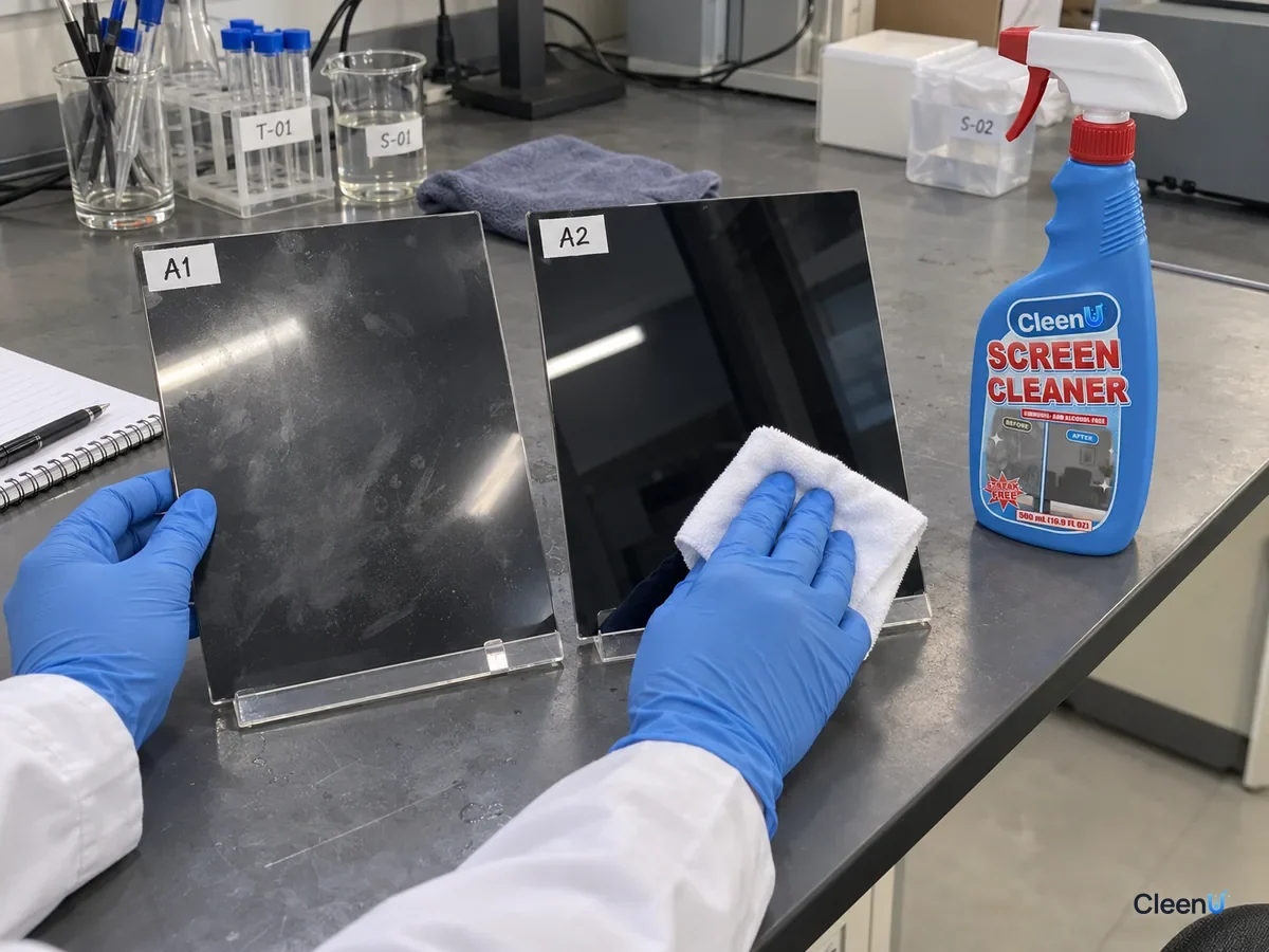 Lab bench: two coded anti-reflective screen panels, one hazy after alcohol, one clear after cleaner on a cloth, compared in side light beside CleenU Screen Cleaner.