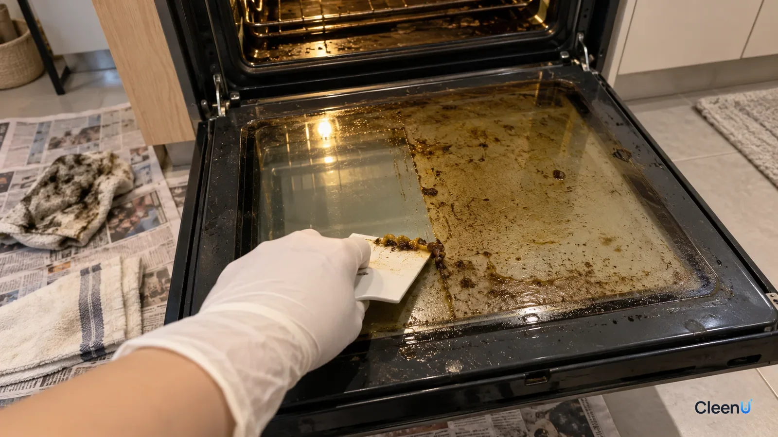 First-person close-up: a hand in white nitrile gloves pushes a plastic scraper low across inner oven door glass, brown grease curling ahead; one clear strip, film beside it, newspaper below.