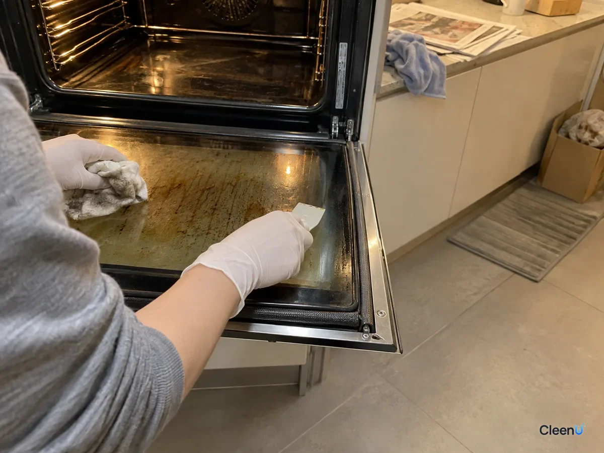 Inside the oven door: a hand in white nitrile gloves scrapes brown film off the glass, the scraper stopping at the glass edge right next to the woven door seal and metal trim.