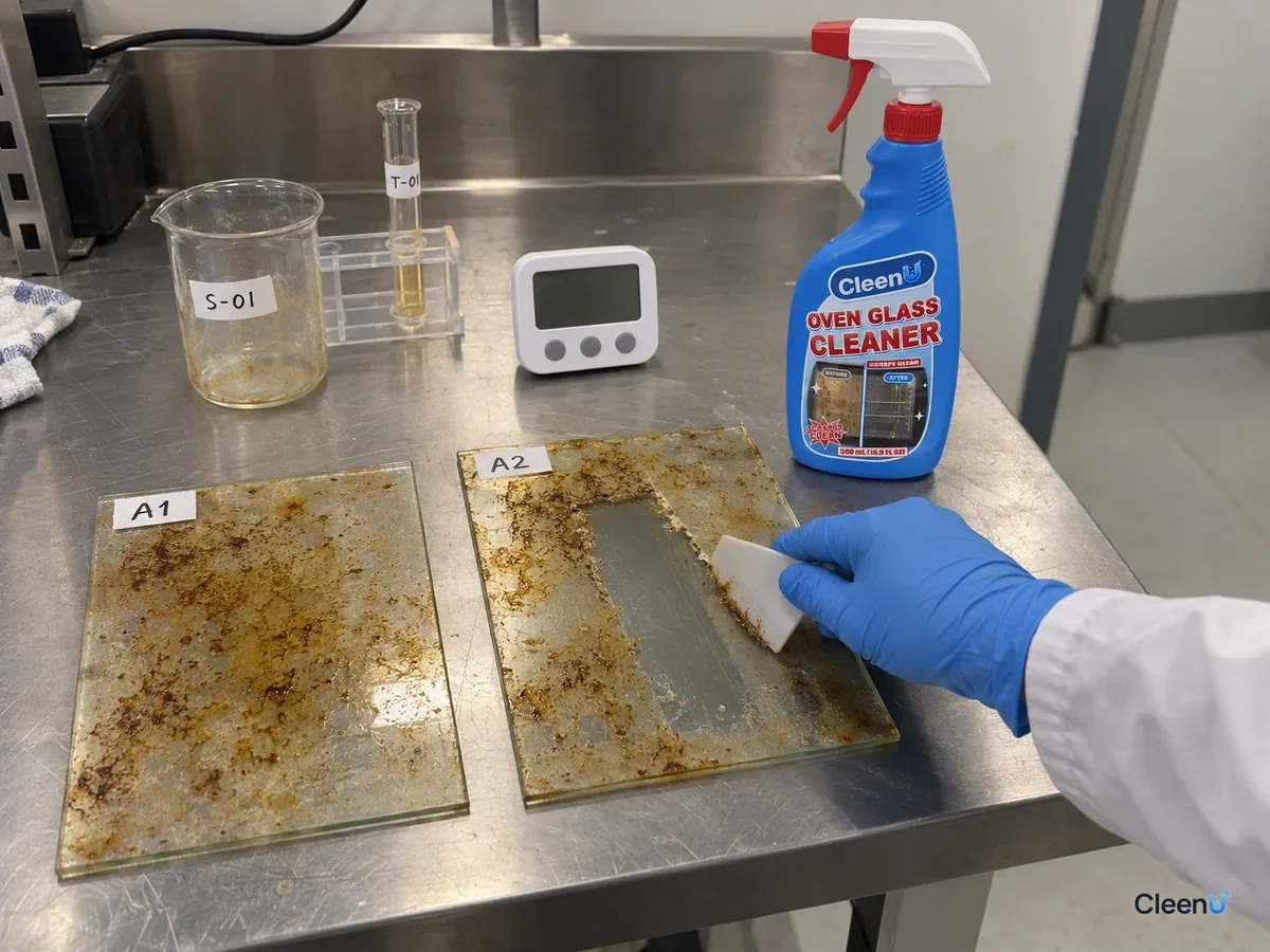 Lab bench with two glass panels with test codes and baked-on brown film; one shows a clear scraped stripe after oven glass cleaner, beside a bottle of CleenU Oven Glass Cleaner and a timer.