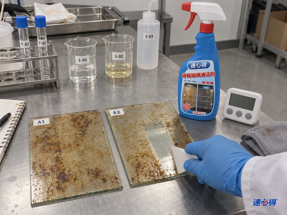 实验台上两块贴着不同测试编号的玻璃样板都烤上了黄褐色油膜，一块喷了烤箱玻璃清洁剂静置后被刮出一道透明的痕，技术人员拿着刮片，台面上放着一瓶速必得烤箱玻璃清洁剂和计时器。