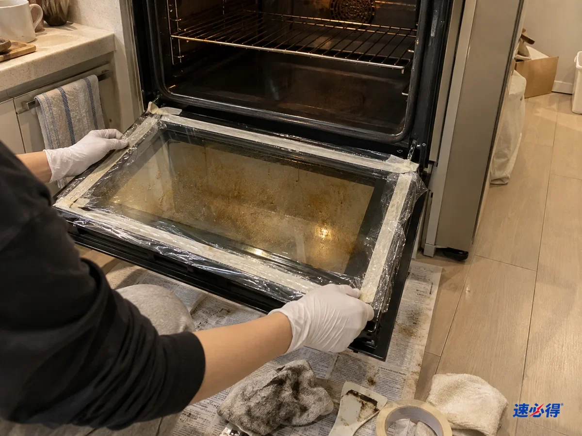 打开的烤箱门前，戴白色丁腈手套的手用纸胶带和保鲜膜盖住门边一圈的密封条，地上铺着旧报纸，内侧玻璃仍是黄褐色油膜。