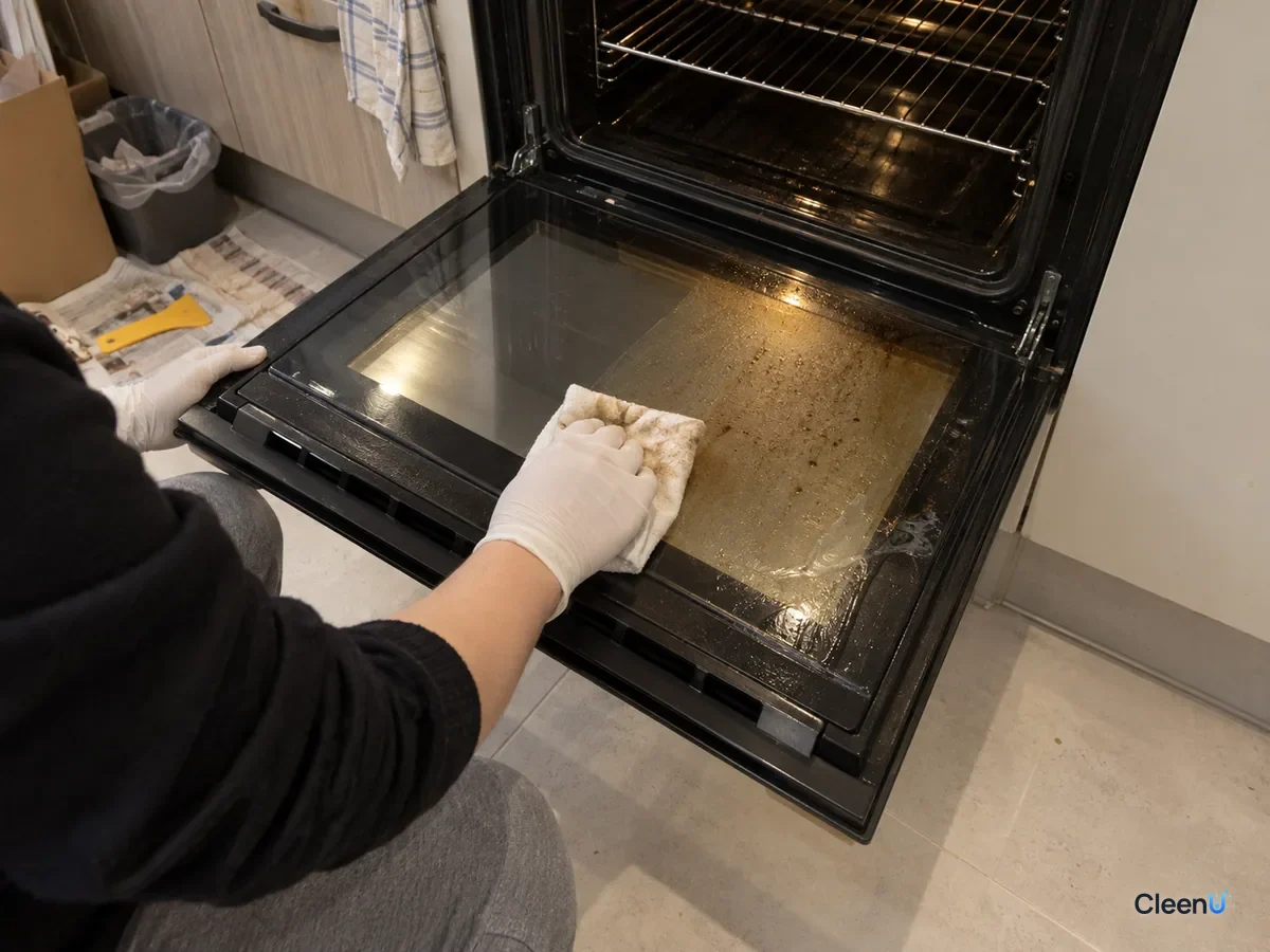 From a step away, a half-crouched forearm in white nitrile gloves dries leftover wet streaks on inner oven glass with a dry cloth; faint brown on the cloth, one streak in a corner still wet.