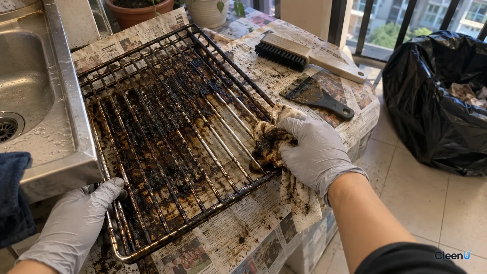 First-person: a light gray nitrile-gloved hand wipes softened brown residue off an oven rack corner on balcony newspaper, the rag brown-black, a few bars bare metal, the rest still crusted.