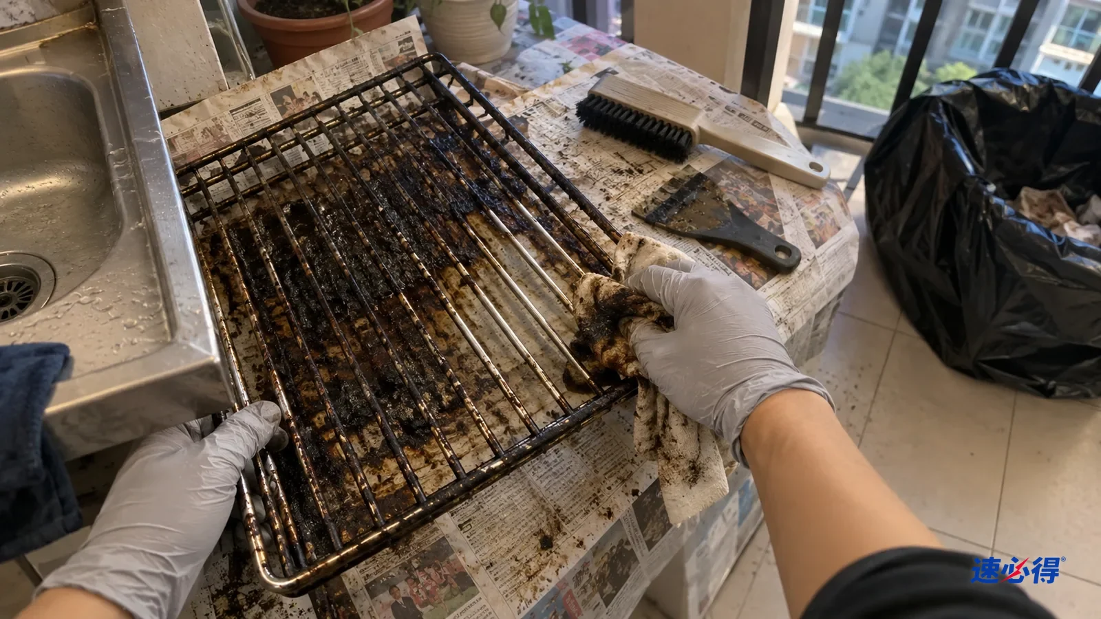 第一视角，戴浅灰色丁腈手套的手用旧布擦去阳台报纸上烤架角落软化的褐色残垢，布上沾满褐黑，擦过的几根露出金属色，其余仍有焦垢。