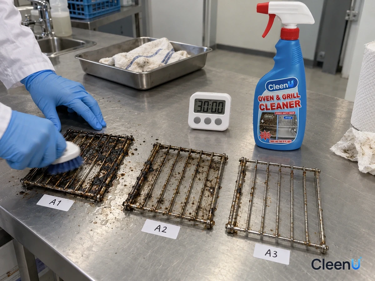 Lab bench: coded metal rack bars with carbonized crust, scrubbed after 10, 20, and 30 minutes; more comes off each time, beside CleenU Multi-Purpose Oven & Grill Cleaner and a timer.