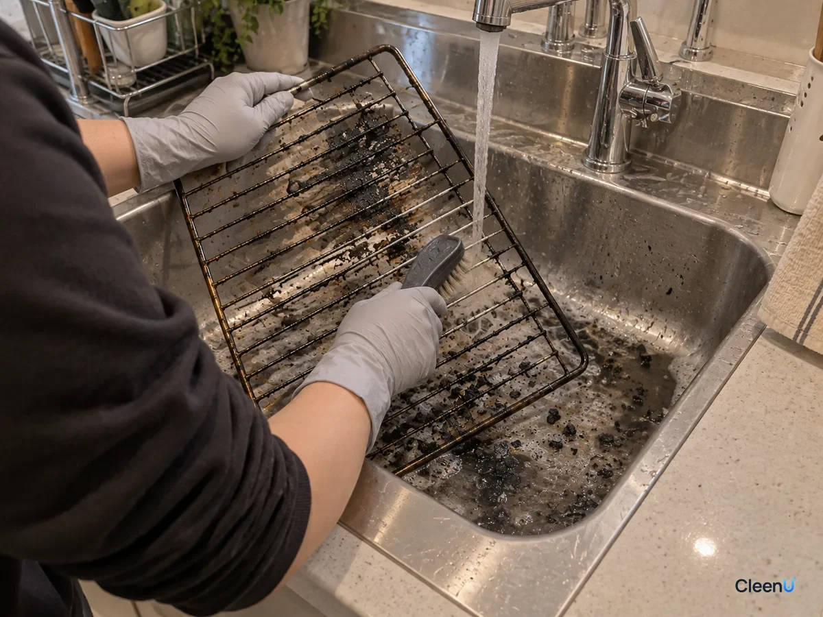 In the stainless kitchen sink, the gray-gloved hand brushes along the rack wires with a stiff brush; black crust comes off in flakes and gray-black rinse water runs into the sink.