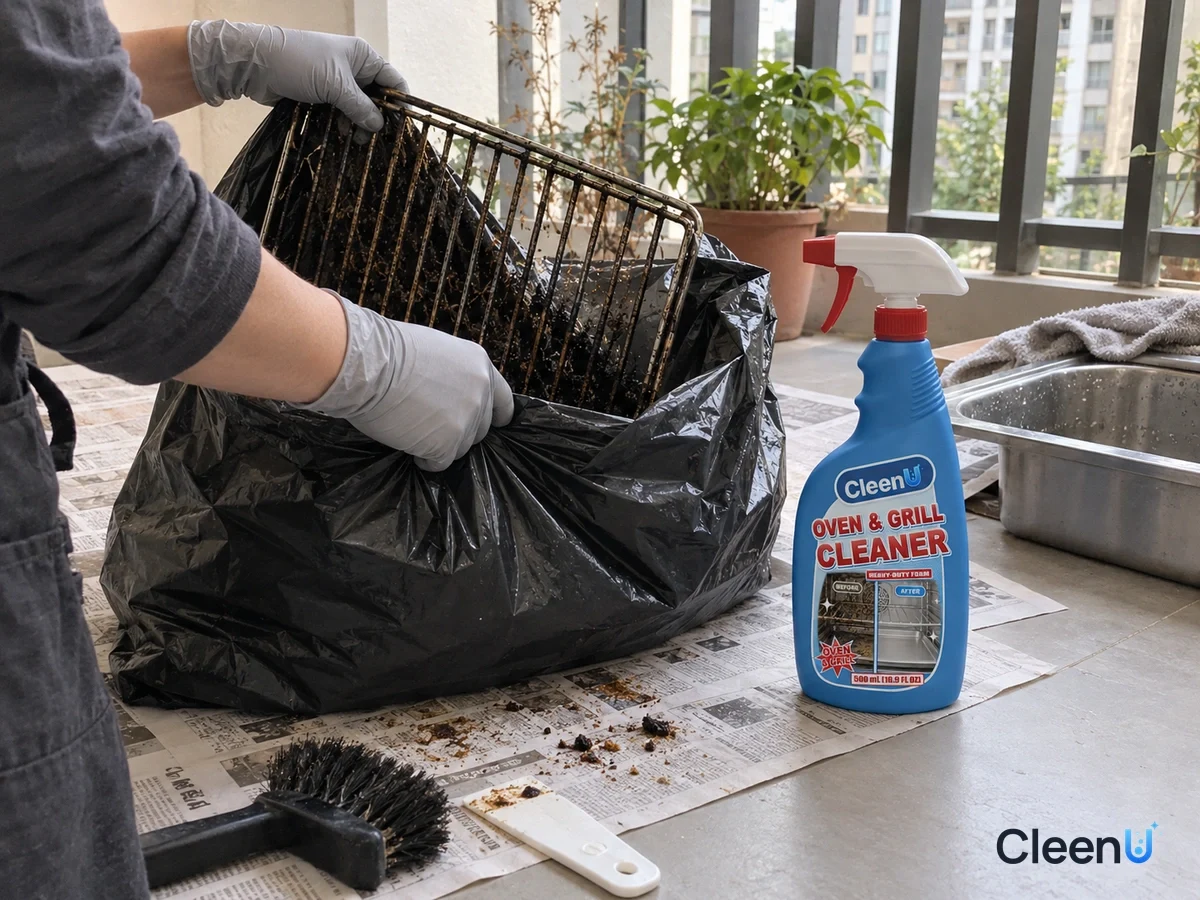From a step back on balcony newspaper: a light gray nitrile-gloved hand slides an oven rack into a large trash bag to tie, brown specks on the paper, a capped CleenU Multi-Purpose Oven & Grill Cleaner nearby.