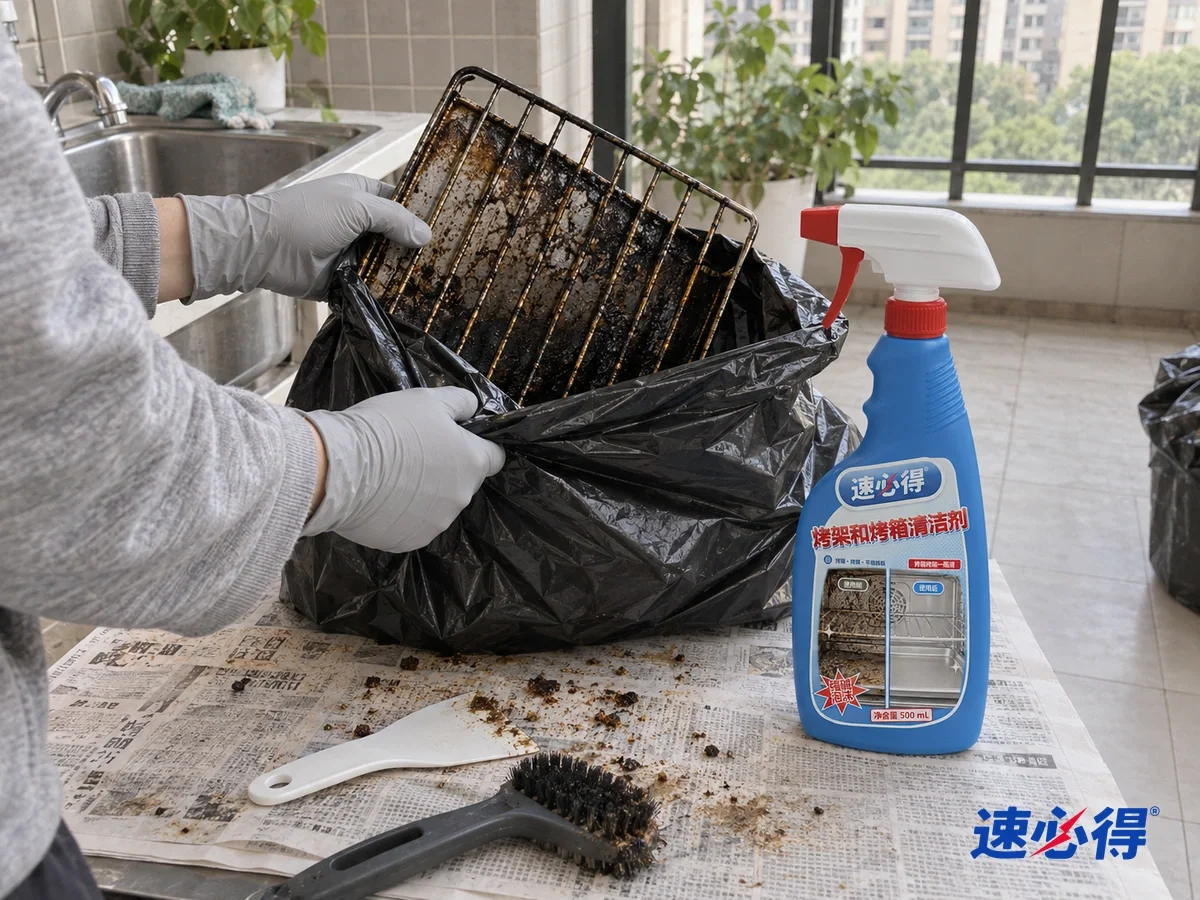 阳台报纸上一步外看，戴浅灰色丁腈手套的手把烤架放进大号垃圾袋，袋口正要扎紧，报纸上有几点褐色残渣，一瓶速必得烤架和烤箱多功能清洁剂立在旁边。