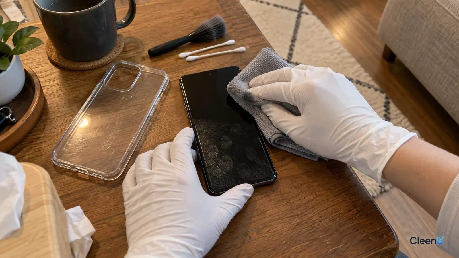First-person: a white nitrile-gloved hand wipes a switched-off phone flat on a wood desk with microfiber, top half clean, bottom still smudged with oil, the removed clear case beside it.