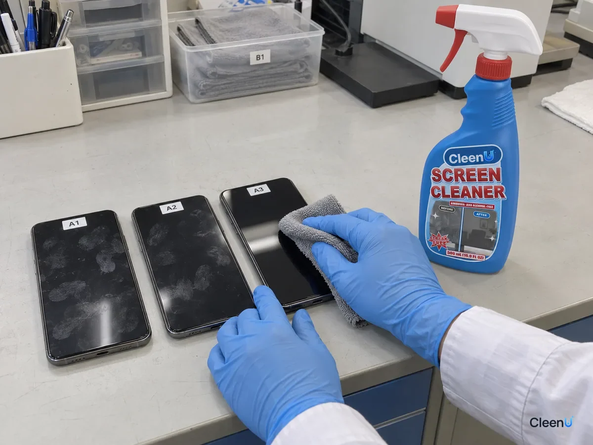 Lab bench: coded phone screen samples with fingerprint oil; a technician wipes one with a microfiber cloth sprayed with screen cleaner, leaving it clean, beside CleenU Screen Cleaner.