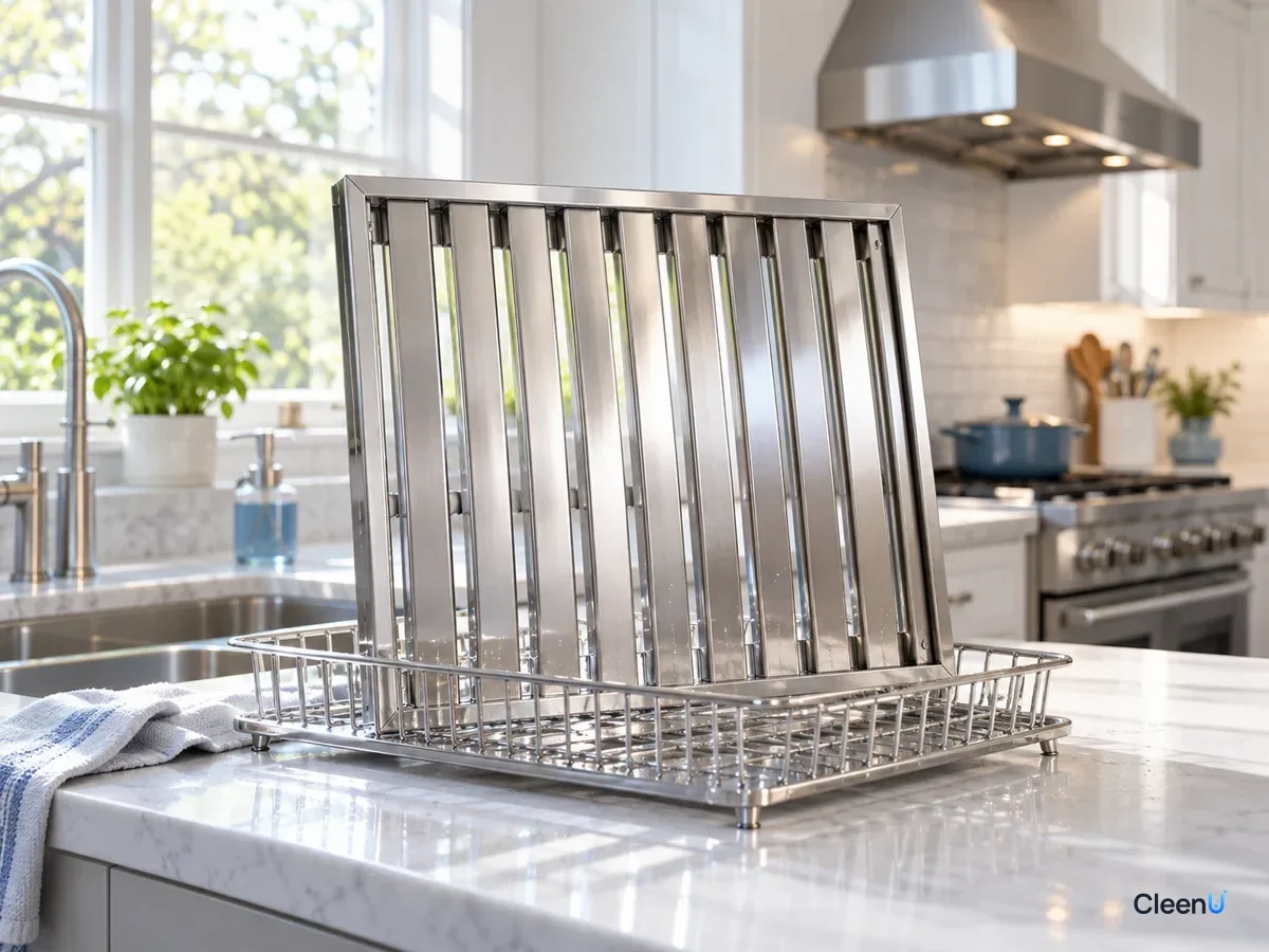 AI illustration: A clean stainless baffle filter standing on a dish rack to dry, light showing through the slots