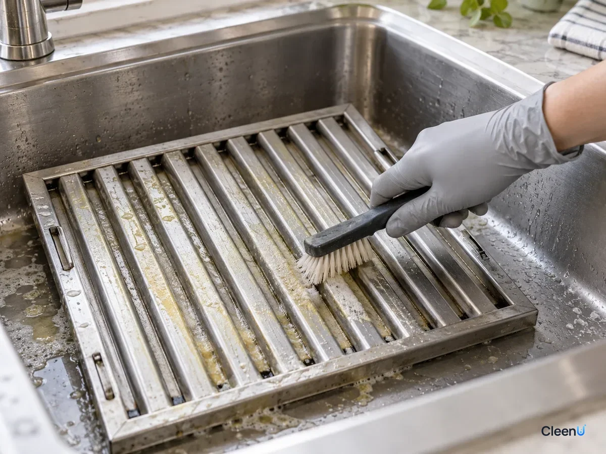 AI illustration: A gloved hand scrubbing a stainless baffle filter along its slots with a soft brush