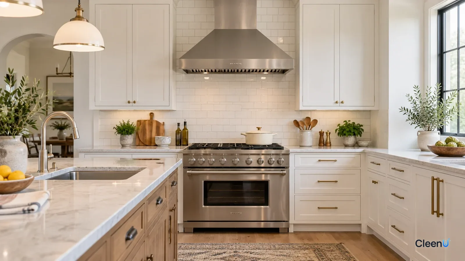 AI illustration: A stainless steel range hood above a clean cooktop in a white kitchen