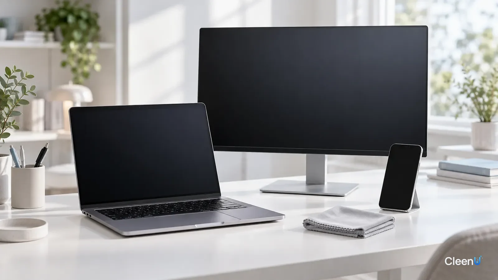 AI illustration: A laptop, monitor and phone on a white desk with a folded microfiber cloth