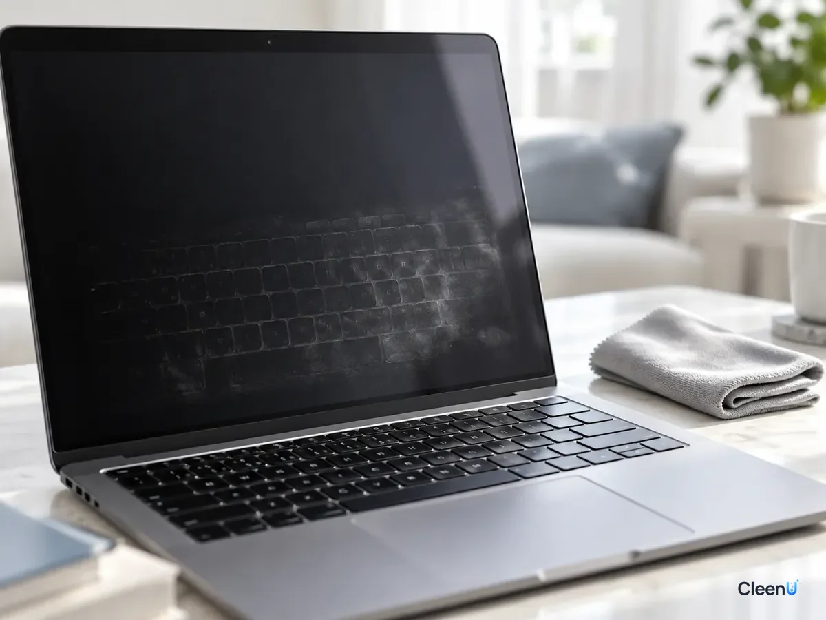 AI illustration: A laptop screen with a folded microfiber cloth beside it