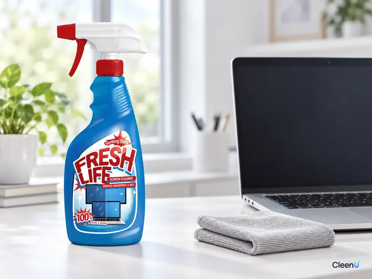 AI illustration: CleenU Screen Cleaner and a microfiber cloth on a white desk next to a laptop