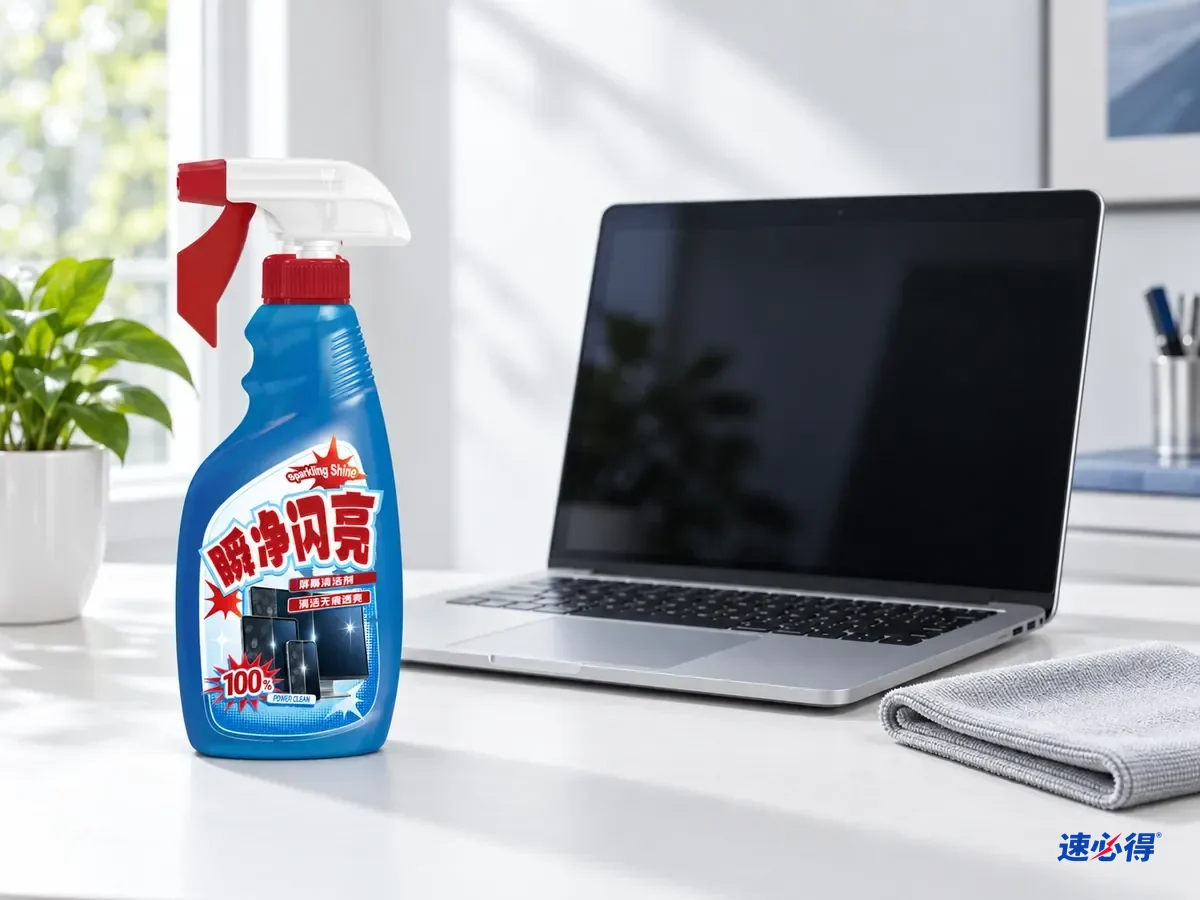 AI 示意图：速必得屏幕清洁剂和一块超细纤维布放在白色桌面上，旁边是笔记本电脑