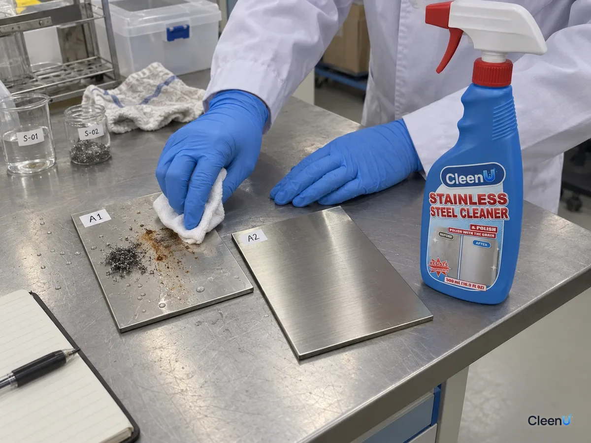 Lab bench: two coded brushed stainless panels, one with rust specks from wet steel wool fragments; a technician wipes them away beside CleenU Stainless Steel Cleaner & Polish.