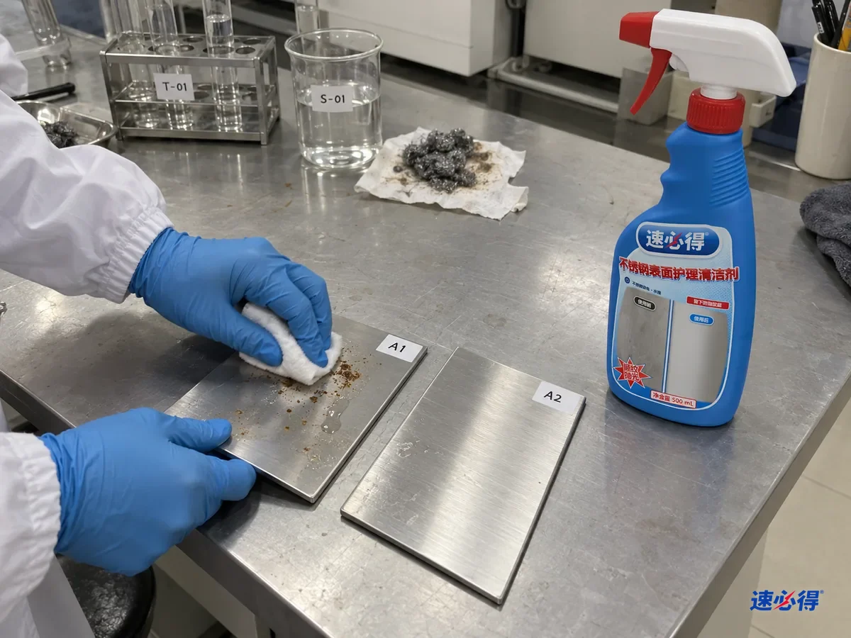 实验台上两块贴着不同测试编号的拉丝不锈钢样板，一块上放着湿的钢丝球残屑后出现锈点，另一块干净，技术人员用不锈钢护理清洁剂擦锈点，台面上放着一瓶速必得不锈钢表面护理清洁剂。