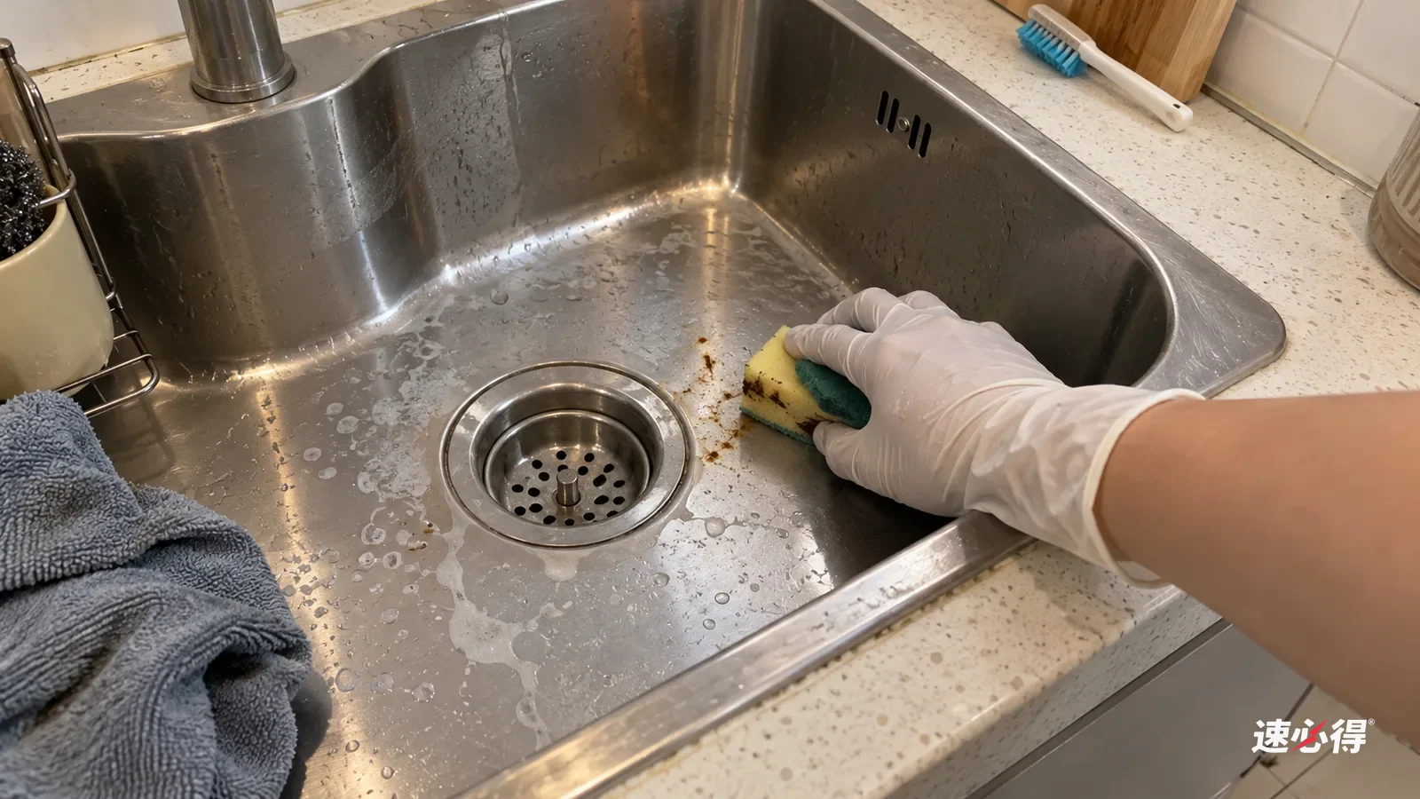 一只戴白色丁腈手套的手用软海绵擦不锈钢水槽下水口旁的褐色小锈点，海绵上沾着淡褐色痕，锈点变淡，槽底仍有白色水渍。