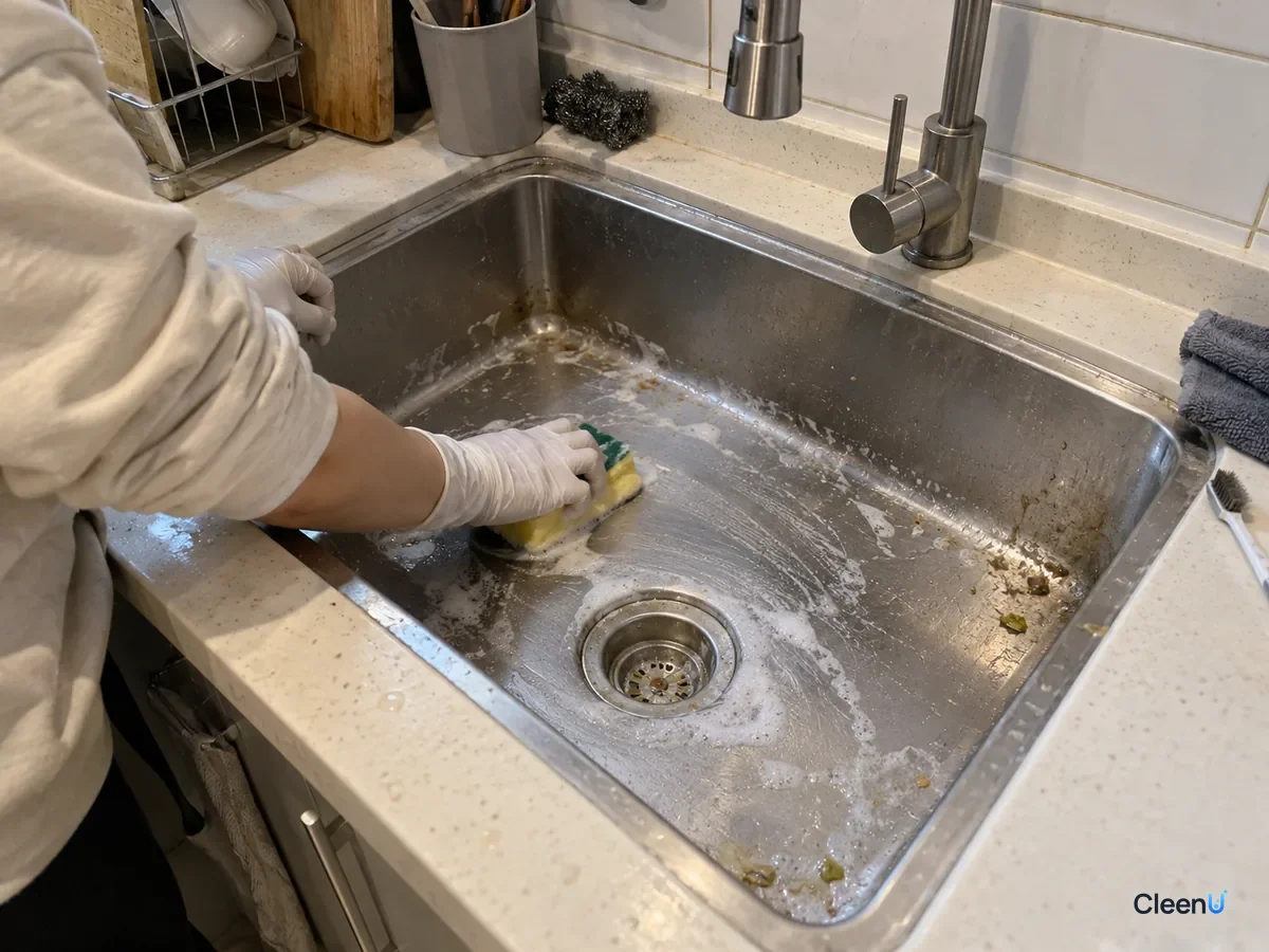 White nitrile-gloved hand wiping the stainless sink bottom with a soapy soft sponge along the brushed grain, a little foam in the basin, corners still filmy with food residue