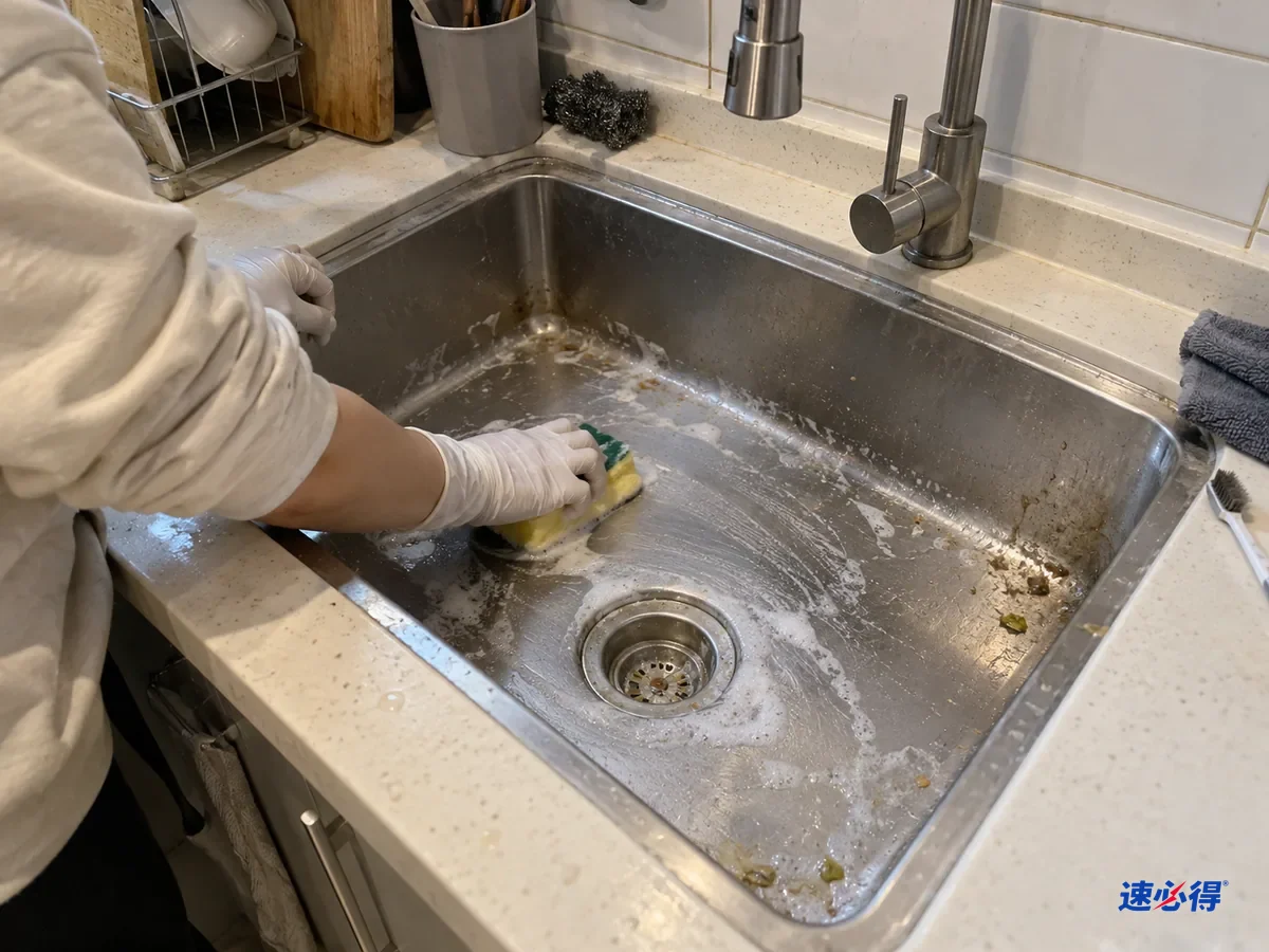 戴白色丁腈手套的手用挤了洗洁精的软海绵顺着拉丝方向擦不锈钢槽底，槽里有少量泡沫，四角还留着油膜和食物残渣痕迹