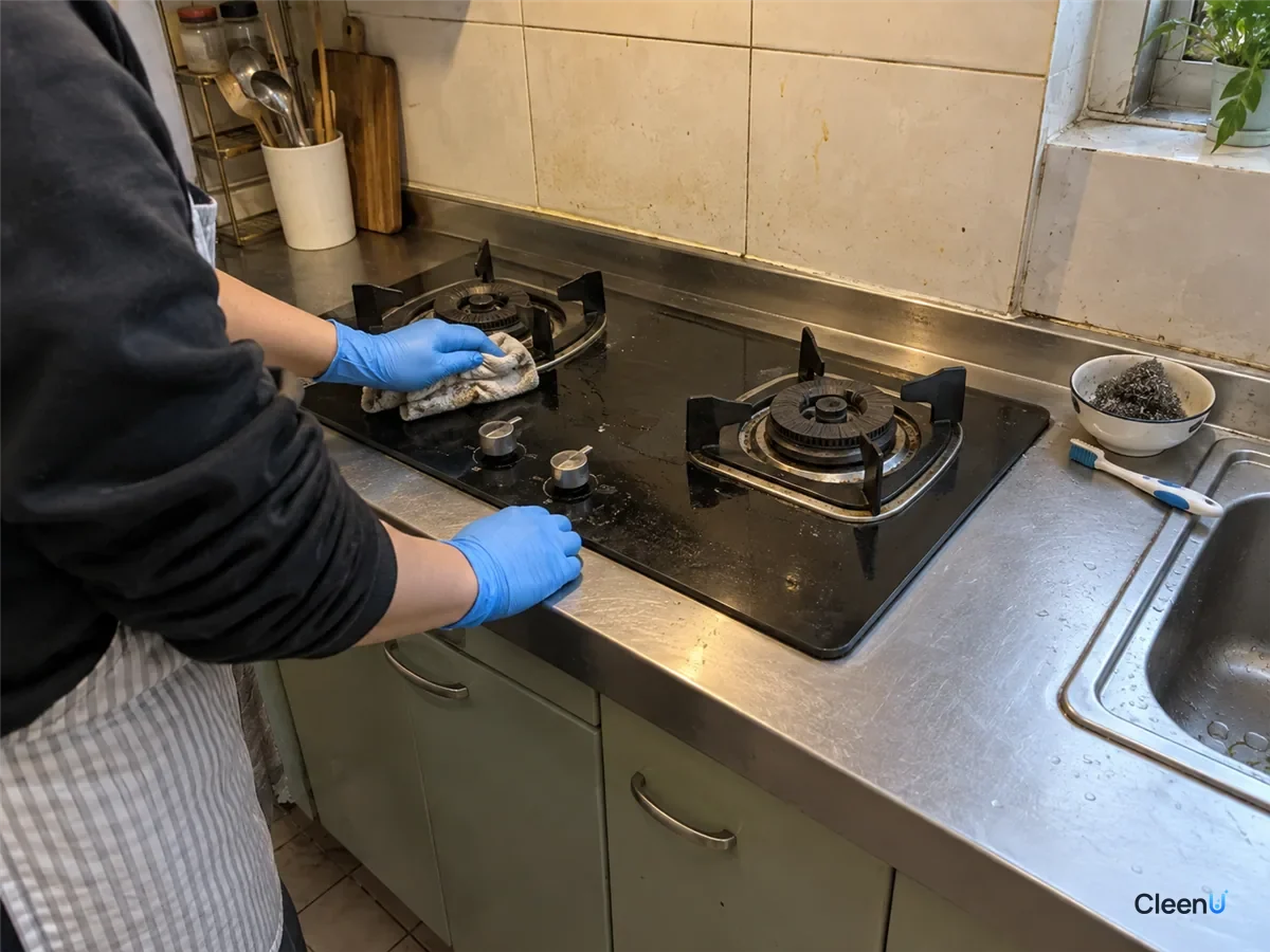 A blue-gloved hand wipes grease off a glass gas hob around the burners with a wrung-out cloth.