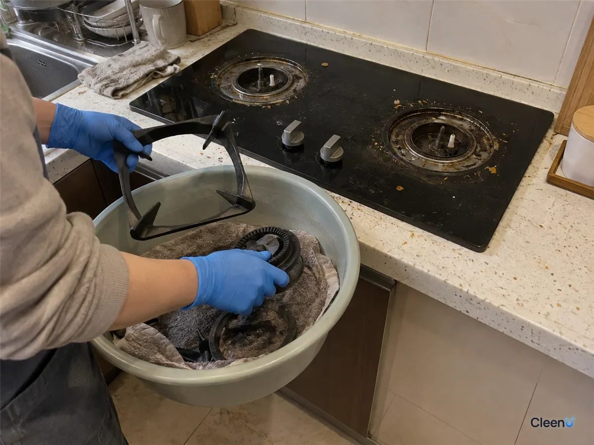 A blue-gloved hand lifts a pot grate and burner caps off a gas hob into a towel-lined basin for soaking.