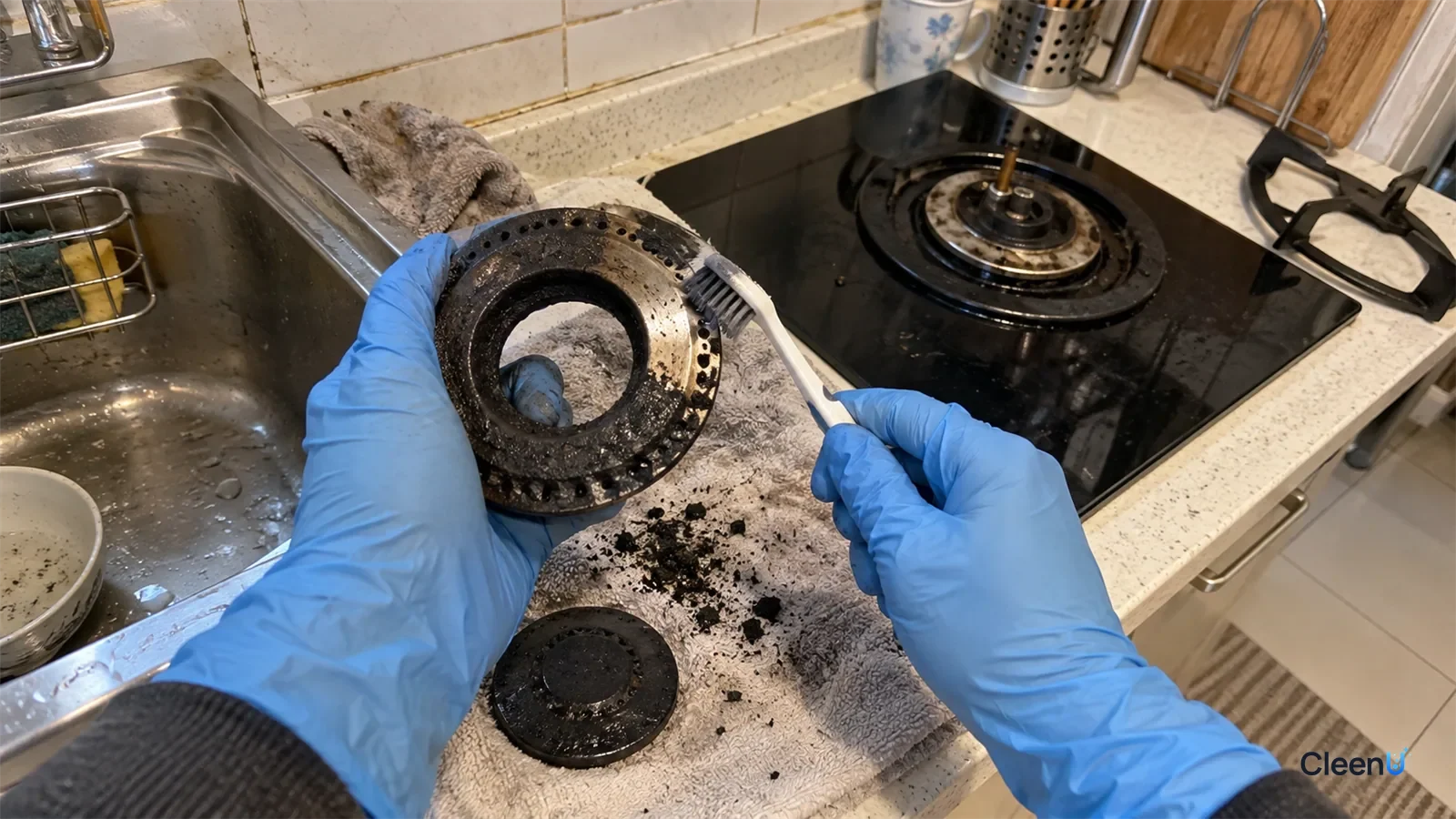 Blue-gloved hands scrub burnt carbon off a removed gas burner ring with a small brush over a towel by the hob.