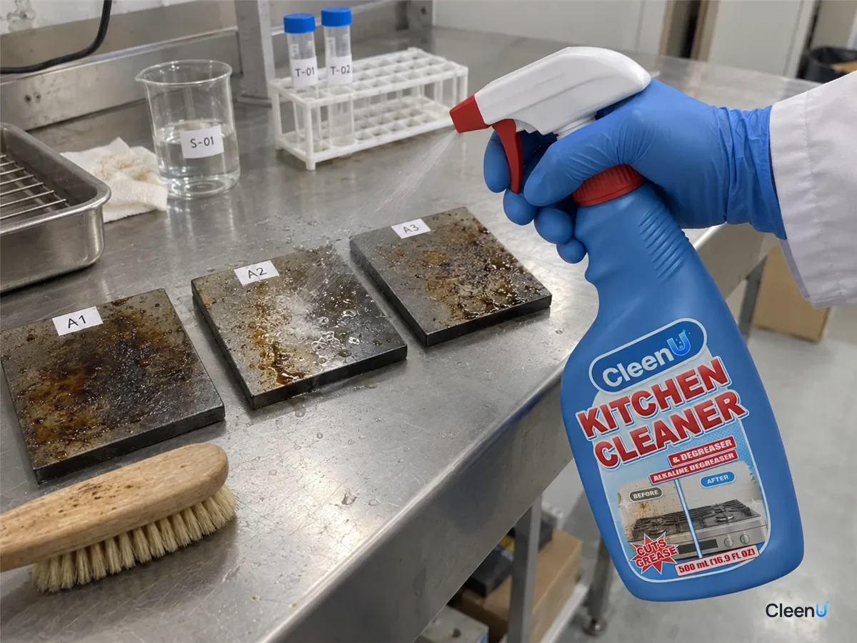 Lab test: a gloved hand sprays CleenU Kitchen Cleaner on coded panels with baked-on grease, a scrub brush in front.
