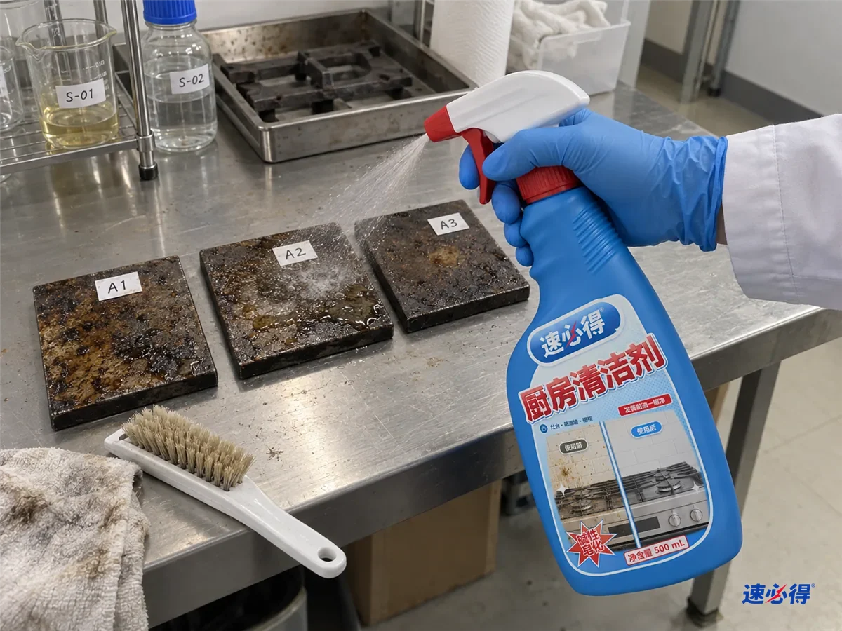 实验台上几块贴着不同测试编号的铸铁样块，带着烘烤过的油垢，技术人员喷上去油剂停留后用刷子刷洗对比，台面上放着一瓶速必得厨房清洁剂。