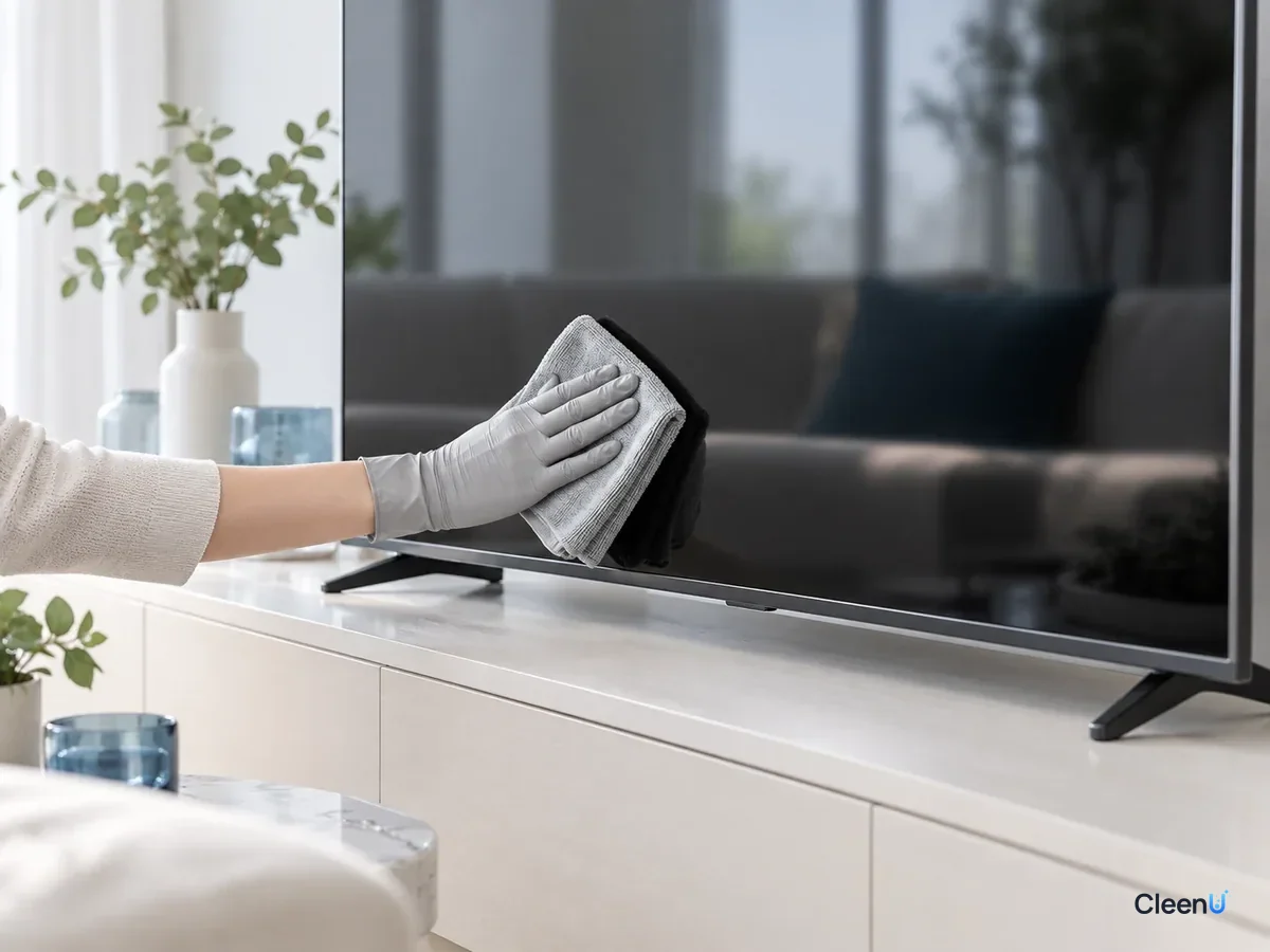 AI illustration: A gloved hand gently wiping a TV screen with a barely damp microfiber cloth