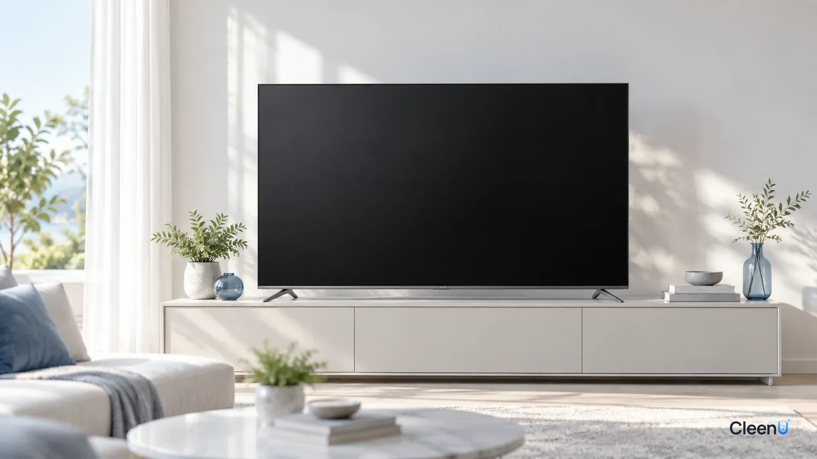 AI illustration: A large TV turned off in a living room, its black screen clean and streak-free