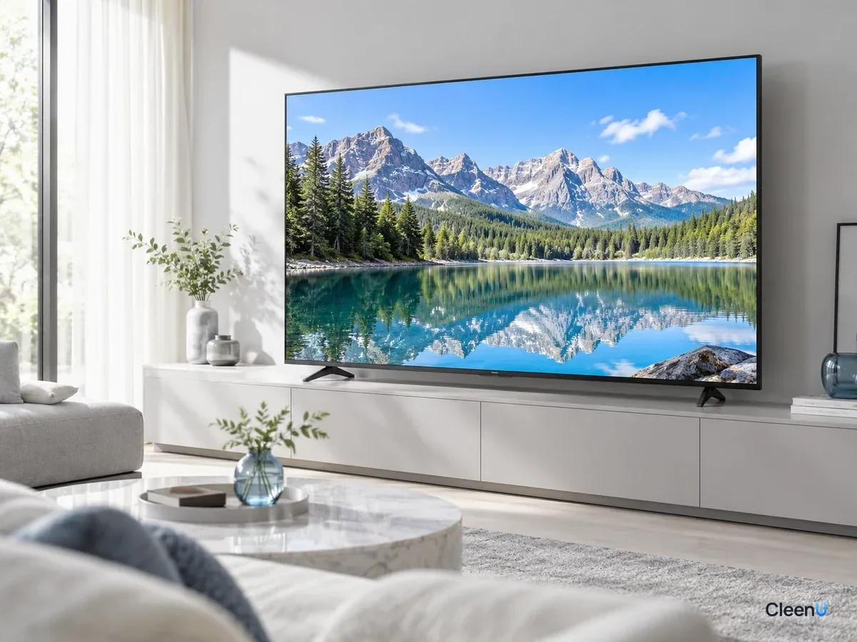 AI illustration: A clean TV screen turned on with a bright picture, no fingerprints or streaks