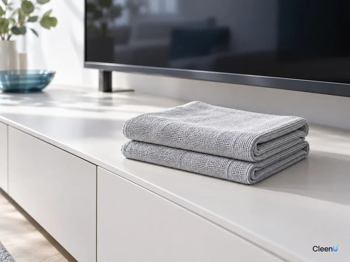 AI illustration: Two folded microfiber cloths on a TV stand in front of a TV that is turned off