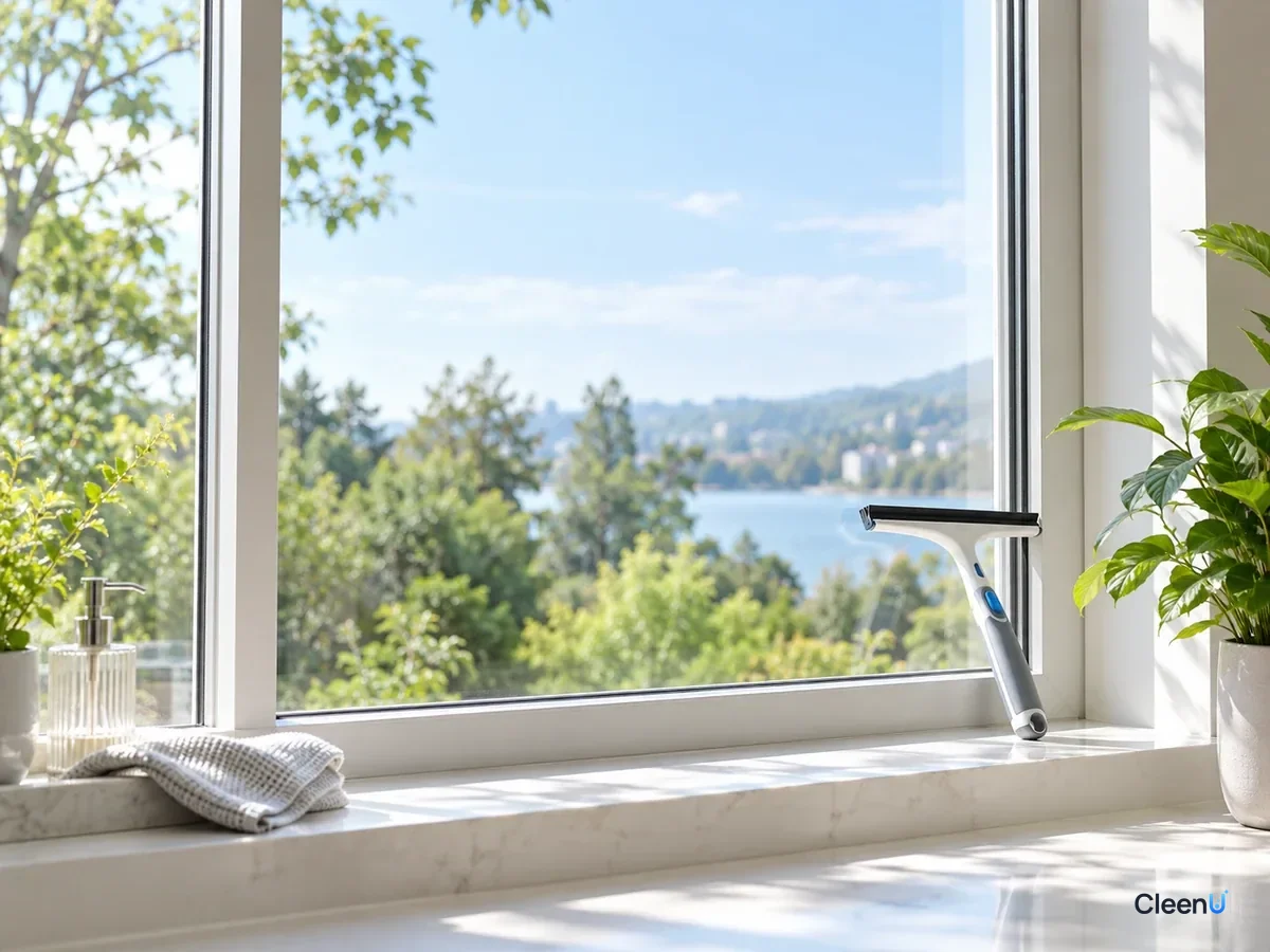 AI illustration: A clean window glowing streak-free in sunlight, with a squeegee standing on the sill