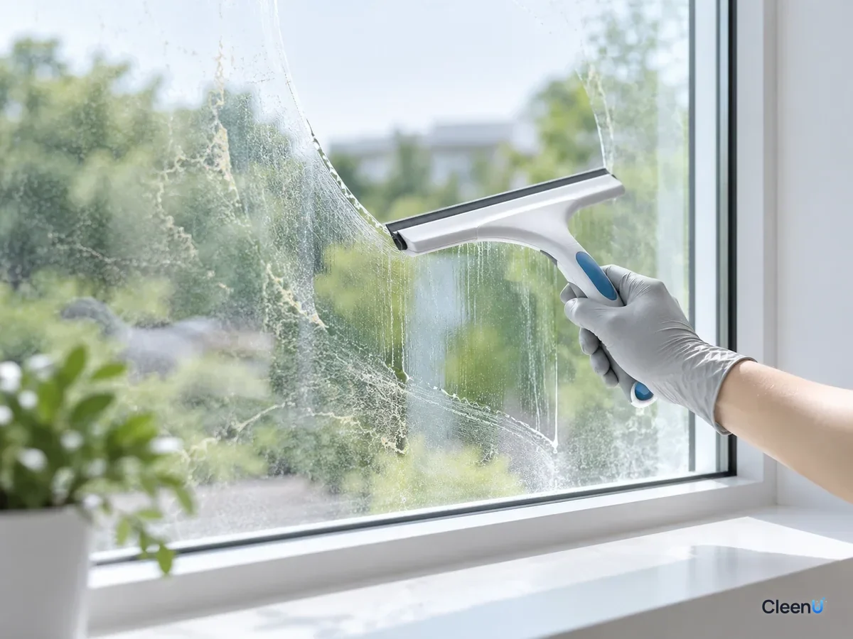 AI illustration: A gloved hand pulling a squeegee down a window pane in an S pattern
