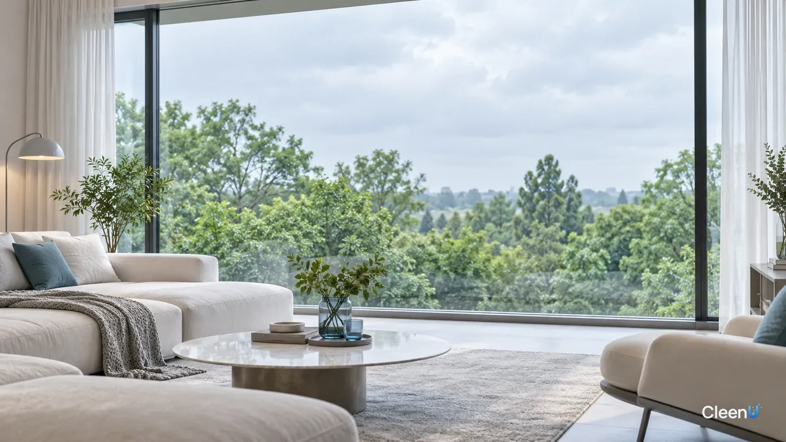 AI illustration: A sparkling floor-to-ceiling window in a living room on an overcast day, the trees outside in sharp focus