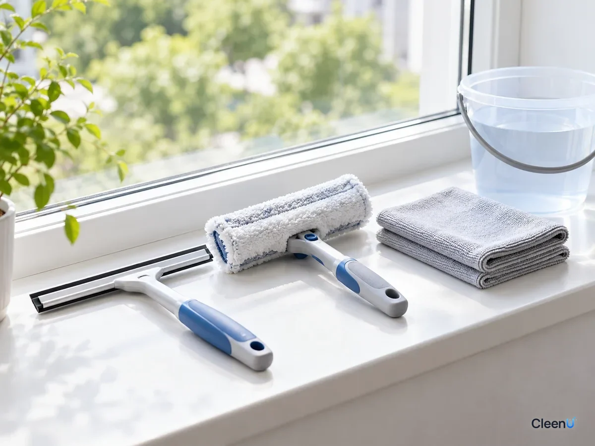 AI illustration: A squeegee, a window scrubber, microfiber cloths and a bucket of water laid out on a windowsill