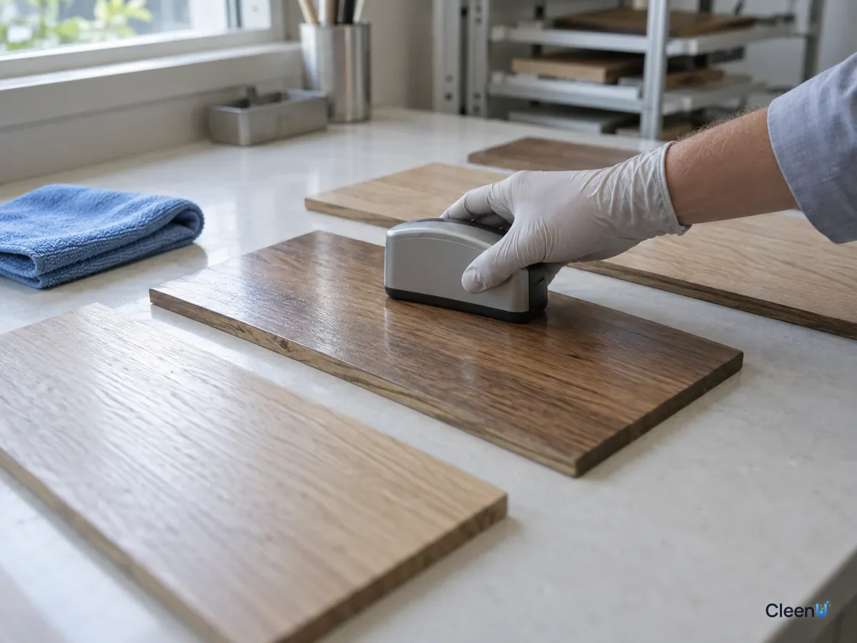 AI illustration: Wood floor samples and a gloss meter on a laboratory bench