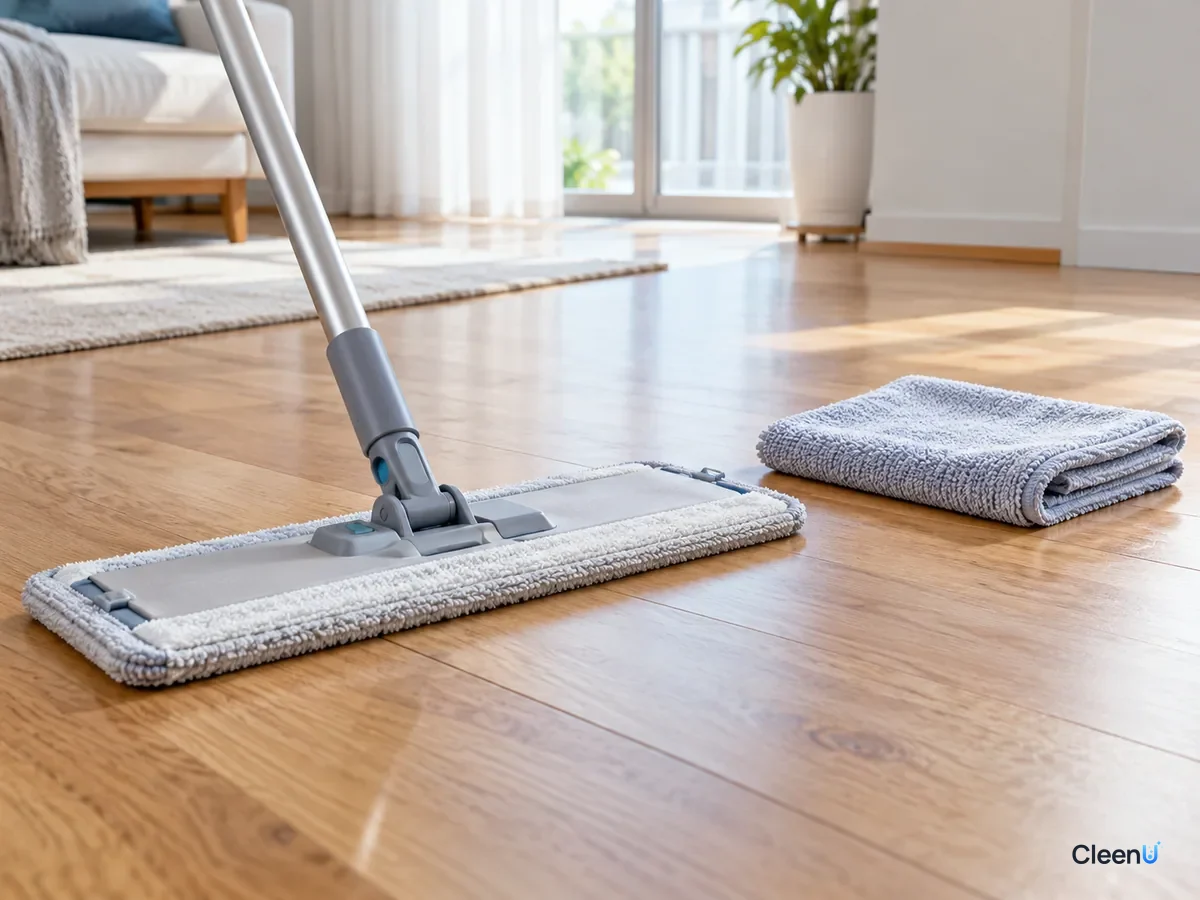 AI illustration: A microfiber flat mop and a folded dry cloth on a hardwood floor