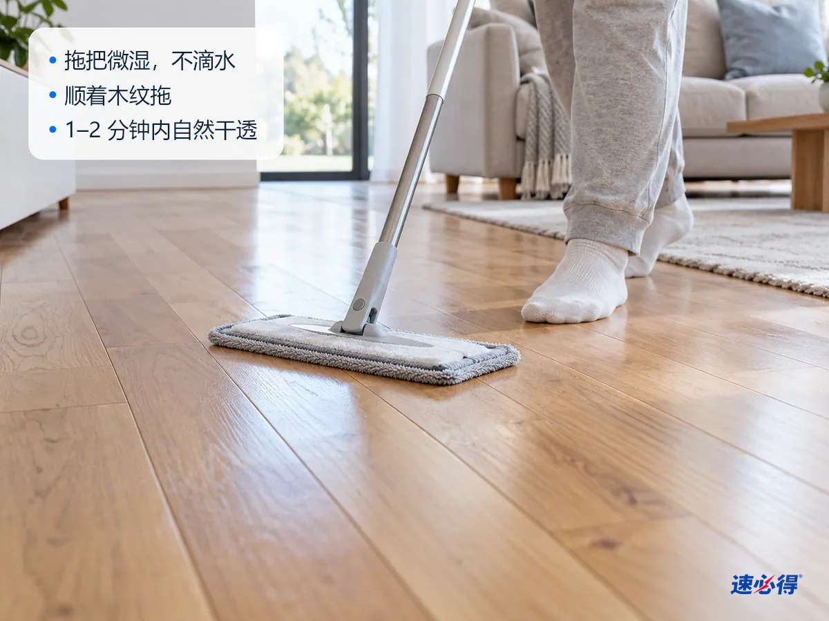 AI 示意图：一个人用超细纤维平板拖把顺着实木地板的木纹方向拖地