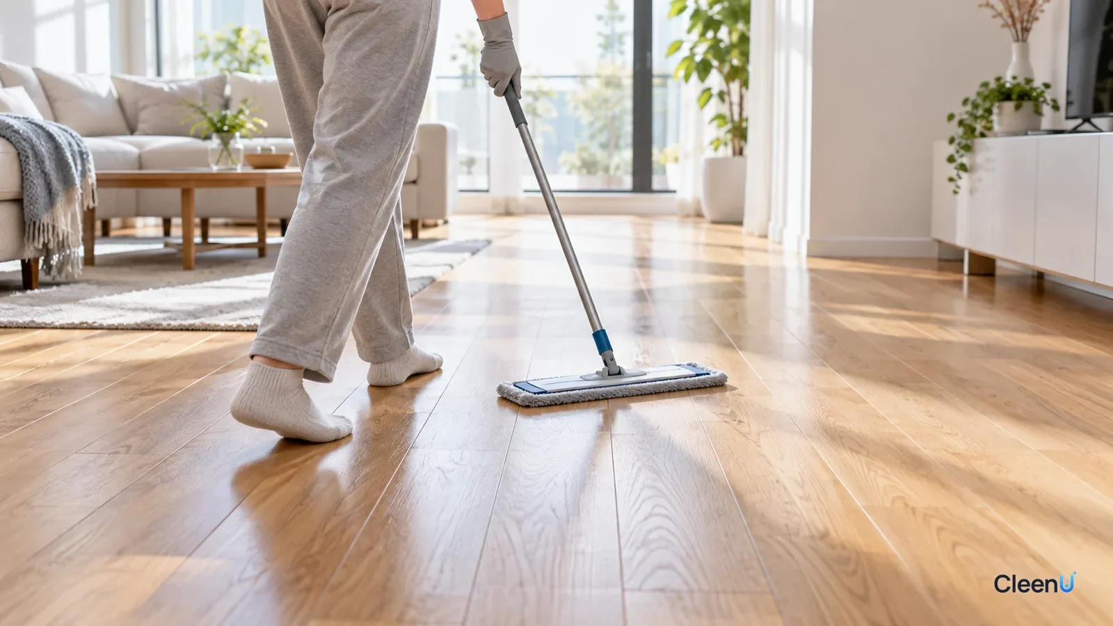 AI illustration: In the sunlight, a person mopping a hardwood floor along the grain with a flat mop, the floor dry with a natural sheen