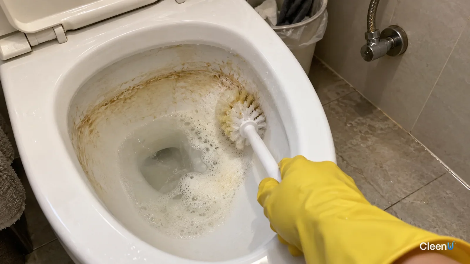 First-person close-up: a hand in yellow rubber gloves scrubs the waterline ring in a white toilet bowl, pale yellow foam on the bristles; one section white, the rest still brown.