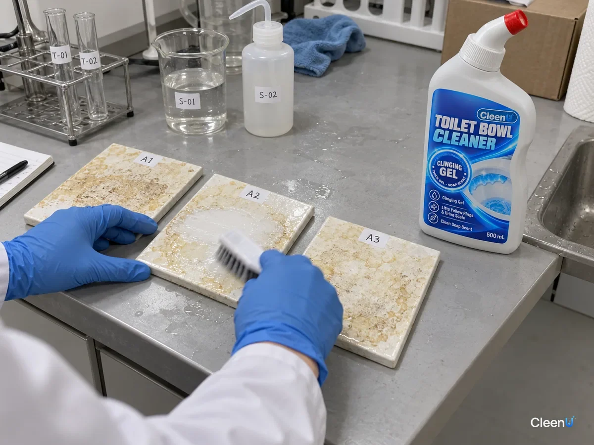 Lab bench with white ceramic tiles with test codes and yellow-white scale; one treated with toilet gel shows the scale dissolving as a technician brushes it, beside CleenU Toilet Bowl Cleaner.