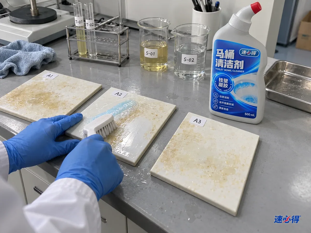 实验台上几块贴着不同测试编号的白色陶瓷样片，表面沉积着黄白色垢层，其中一块涂过马桶清洁凝胶后垢层明显溶解，技术人员用软刷刷洗，台面上放着一瓶速必得马桶清洁剂。