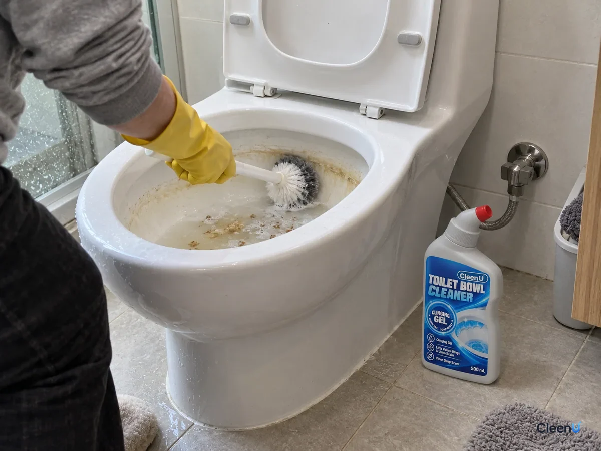 From a step away, a forearm in yellow rubber gloves scrubs softened scale at the waterline, brown bits settling; a capped CleenU Toilet Bowl Cleaner stands on the floor, supply valve off.